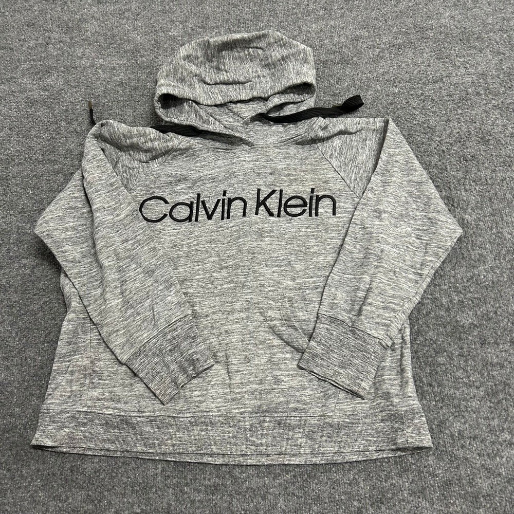 Calvin Klein Hoodie Womens Size Large Gray Heathered Logo Graphic Cotton Blend